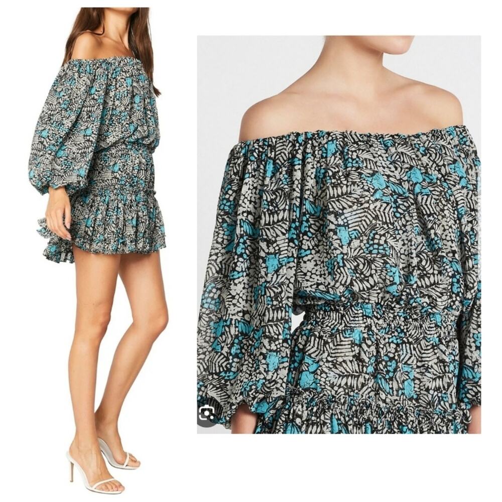 Misa Los Angeles Printed Off-Shoulder Blue and Black Zonia Dress